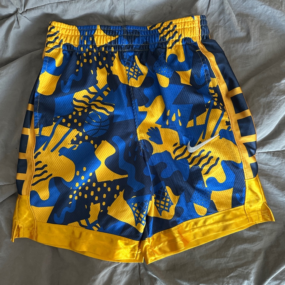 Nike Boys Medium Blue and Yellow Athletic Shorts with Bold Pattern